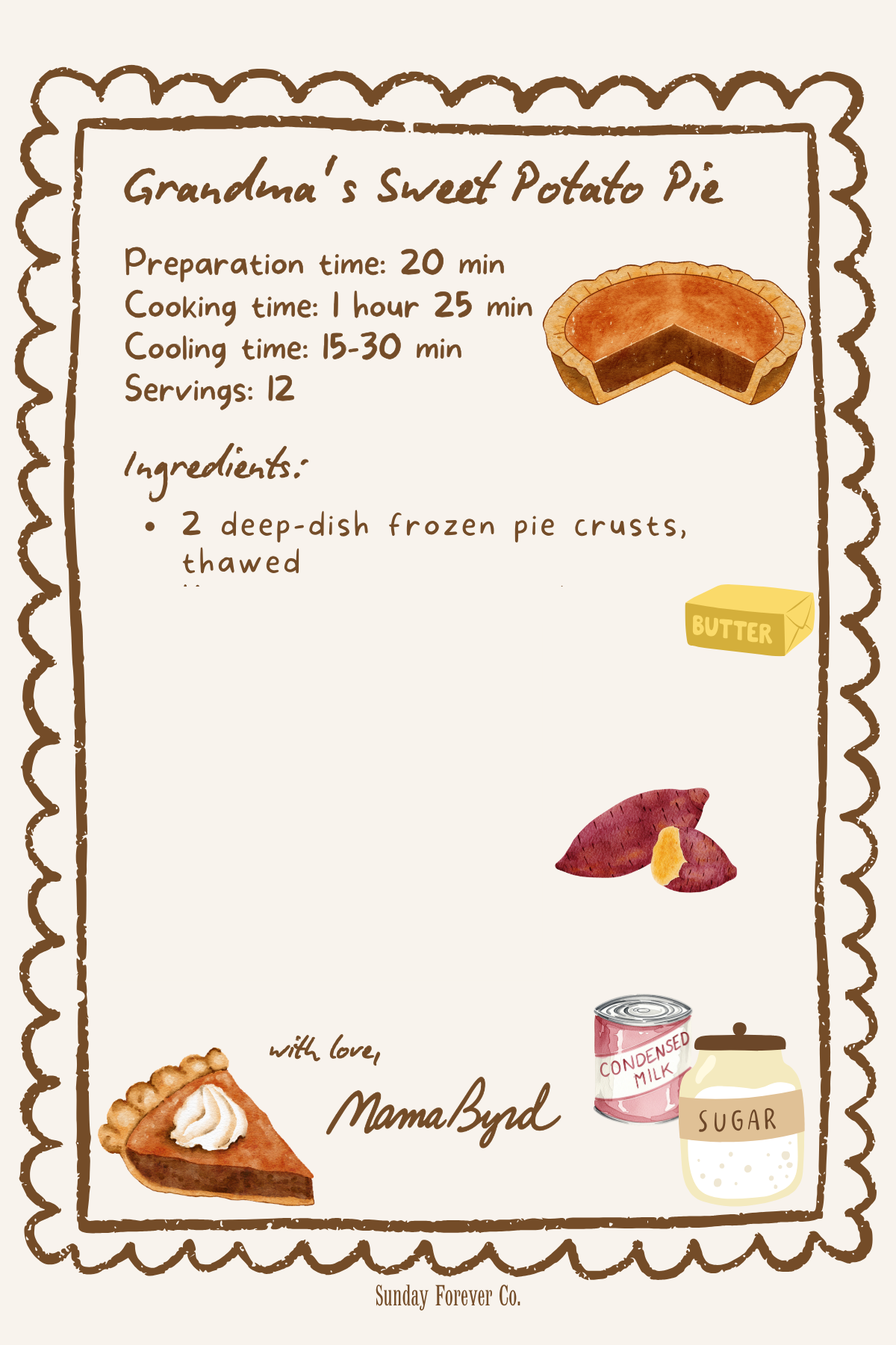 Grandma's Sweet Potato Pie Recipe Card